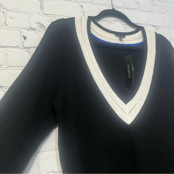 Talbots Classic V-Neck Sweater Black with White Trim Size XL NWT Travel Preppy - Picture 2 of 6